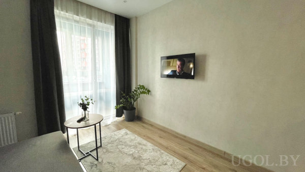 Настенный телевизор, ковёр и круглый стол с декором, крупное комнатное растение у окна с тюлем и плотными шторами.