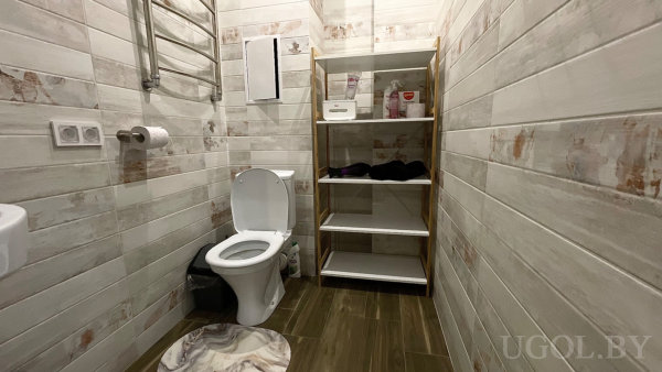 Унитаз у стены с плиткой под дерево, полотенцесушитель, круглый коврик и деревянный стеллаж с бумагой, средствами и полотенцами.