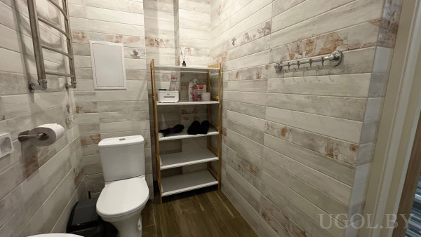 Белый унитаз с чёрным ведром, полотенцесушитель над ним, деревянный стеллаж с вещами и настенная металлическая вешалка с крючками.