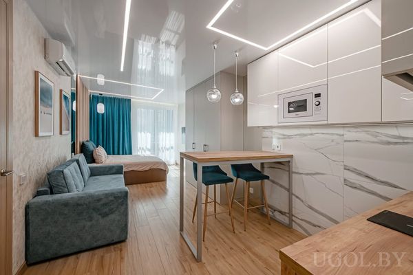 Компактная студия с кухней, диваном и зоной спальни