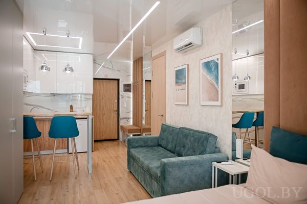 Студия с кухней, диваном и кроватью в едином пространстве