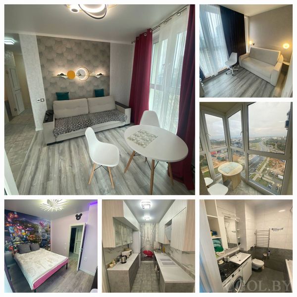 Шесть фото: гостиная, рабочая зона, балкон, спальня, кухня и ванная, объединённые в обзор квартиры.