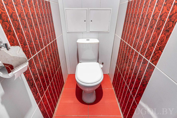 Центрально расположенный унитаз, красная плитка с розами по бокам, белая стена с люками и держатель для бумаги.