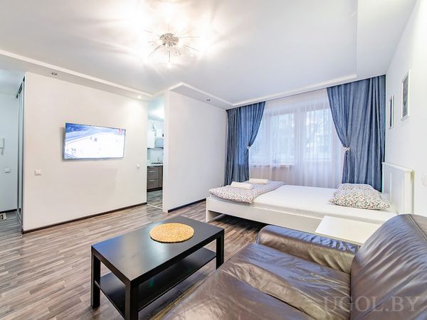 Комната с диваном, столом, кроватью у окна, телевизором и проходом в кухонную зону.