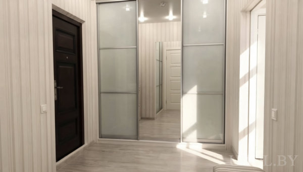 Светлая прихожая с большим шкафом‑купе с зеркалом, тёмной входной дверью, белой дверью с стеклянными вставками и светлым деревянным полом.