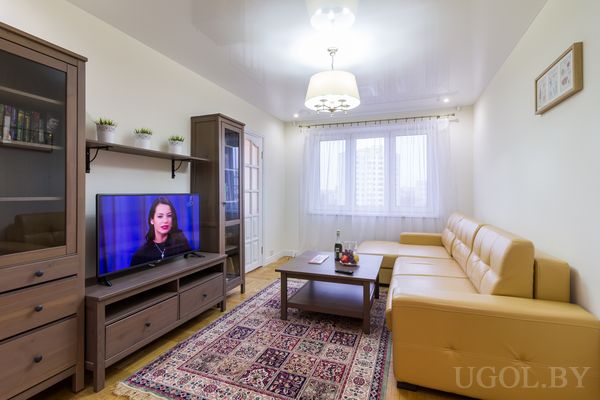 Комната с диваном, телевизором, тумбой, столом, вином, растениями, ковром и тюлем.