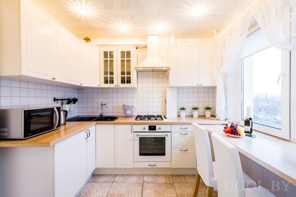 Рабочая зона с плитой, раковиной, вытяжкой, барными стульями, растениями и видом из окна.