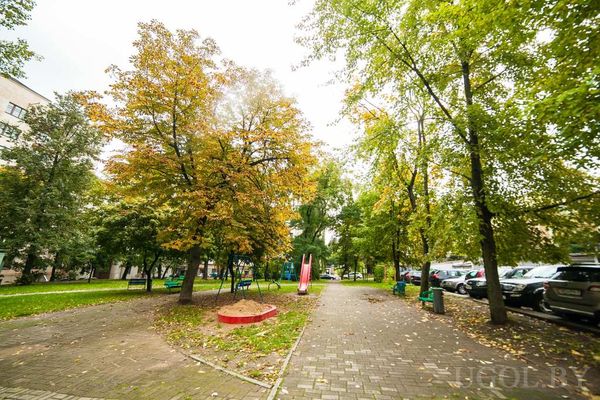 Небольшой городской сквер с песочницей, горкой, лавочками и деревьями с жёлтой листвой.