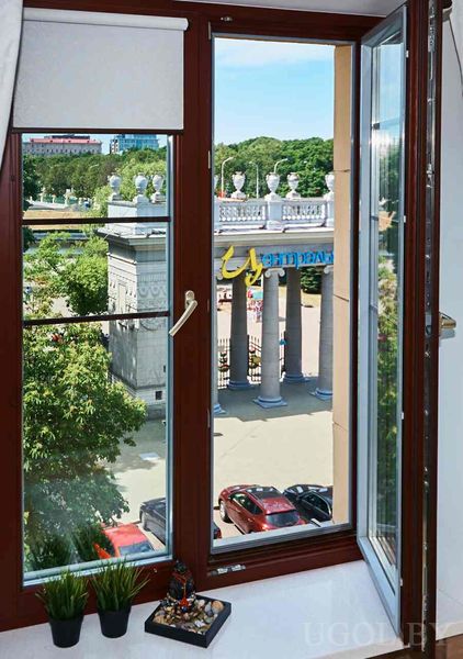 Открытая створка с видом на колонны, зелень и припаркованные авто у здания с надписью «ЦЕНТРАЛЬНЫЙ ДЕТСКИЙ ПАРК ИМЕНИ ГОРЬКОГО».