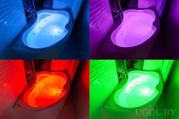 Четыре фото ванны с освещением: синий, фиолетовый, красный и зелёный — эффект хромотерапии.