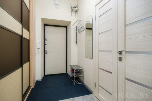 Центральная входная дверь, вешалка с полкой, обувница, зеркало и шкаф-купе с комбинированными панелями.