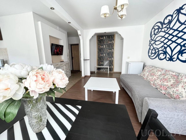 Комната с диваном, столом, цветами, телевизором, нишей с книгами и синим декором на стене.