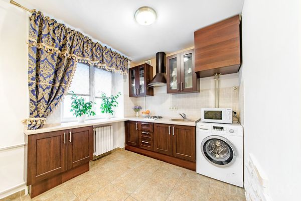 Рабочая зона с плитой, вытяжкой, машиной, микроволновкой, растениями и синими шторами.