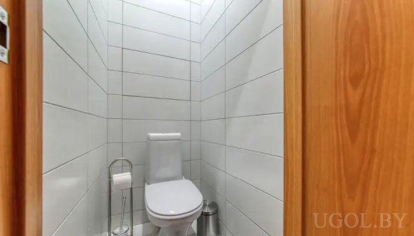 Компактный санузел с белым унитазом, металлическим держателем бумаги и урной на фоне горизонтальной плитки.