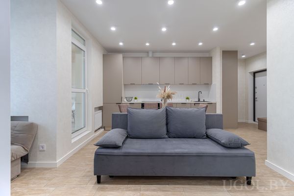 Открытая гостиная с серым диваном, кухонным островом и светлой мебелью, рядом — окно, декоративная ваза и встроенная техника.