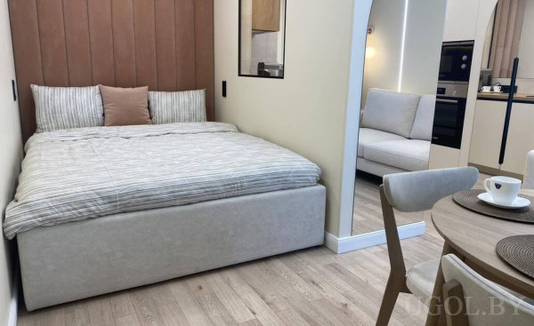 Небольшая квартира-студия с двуспальной кроватью за перегородкой, диваном, обеденной зоной и встроенной кухней.