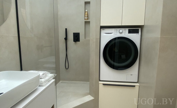 Минималистичная душевая с чёрным смесителем, нишей для бутылки, стиральной машиной в шкафу и белой раковиной.