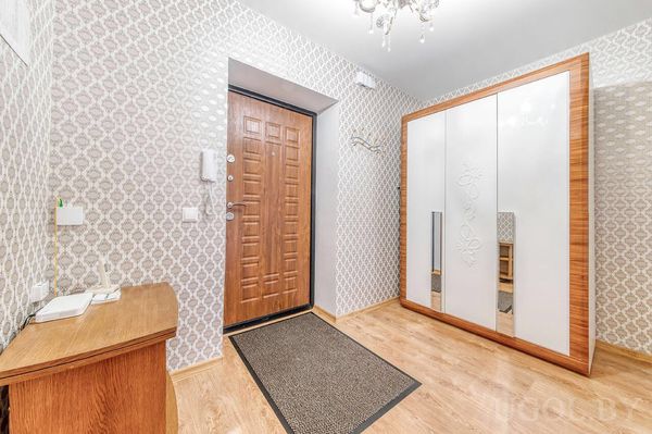 Современная прихожая с белым шкафом‑купе с зеркалами, вешалкой, консолью и деревянной входной дверью.