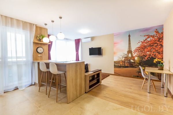 Гостиная с телевизором, барной стойкой и яркой фотопанелью эйфелевой башни