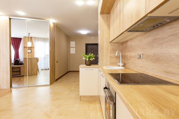 Кухня с плитой, духовым шкафом и выходом в коридор с зеркальным шкафом