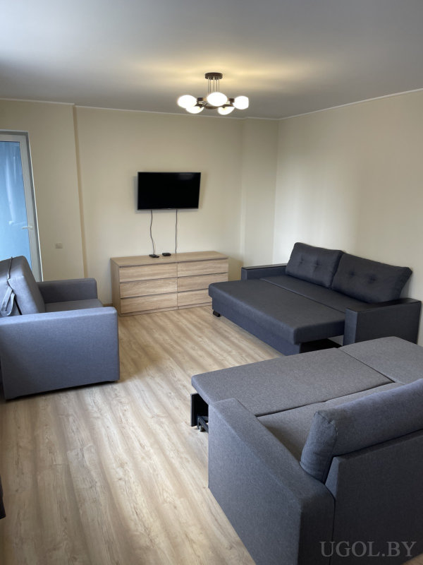 Комната с серым диваном, креслом и пуфами, настенным телевизором над светлой тумбой и потолочным светильником.