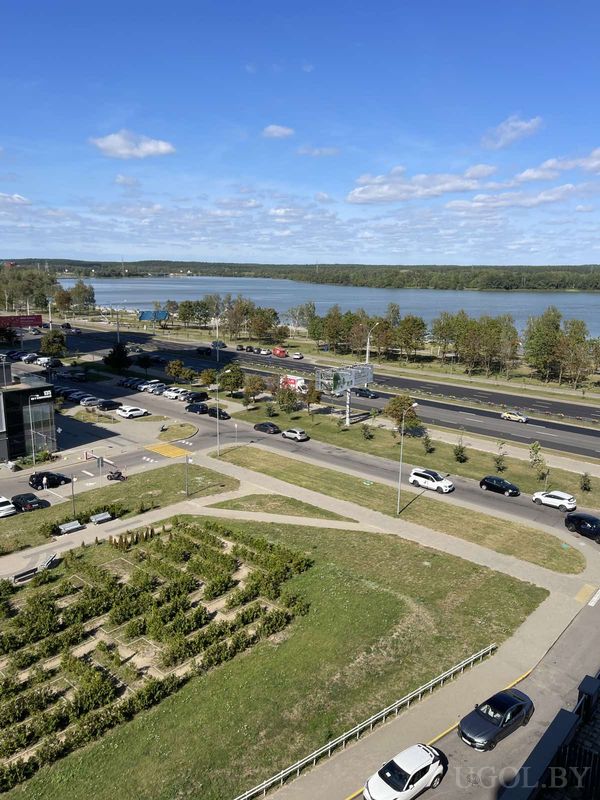 Высотный ракурс на многополосную дорогу, ровные ряды декоративных растений и широкую реку, окружённую зелёными деревьями.