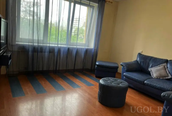 Комната с темно-синим диваном, полосатым деревянным полом и большим окном с черными шторами. На стене — телевизор, за окном — зелень и здания.