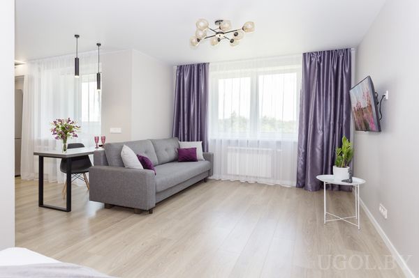 Комната с серым диваном, телевизором, круглым столиком с растением и обеденной зоной у окна.