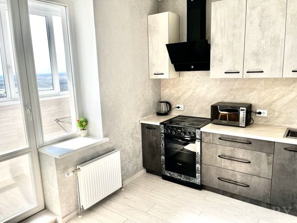 Светлая кухня с плитой, вытяжкой, микроволновкой, чайником и выходом на балкон с цветком на подоконнике.