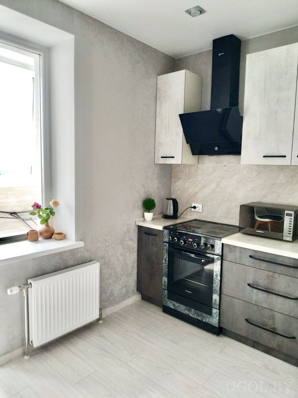 Современная кухня с серыми и белыми шкафами, плитой, вытяжкой, микроволновкой и чайником.