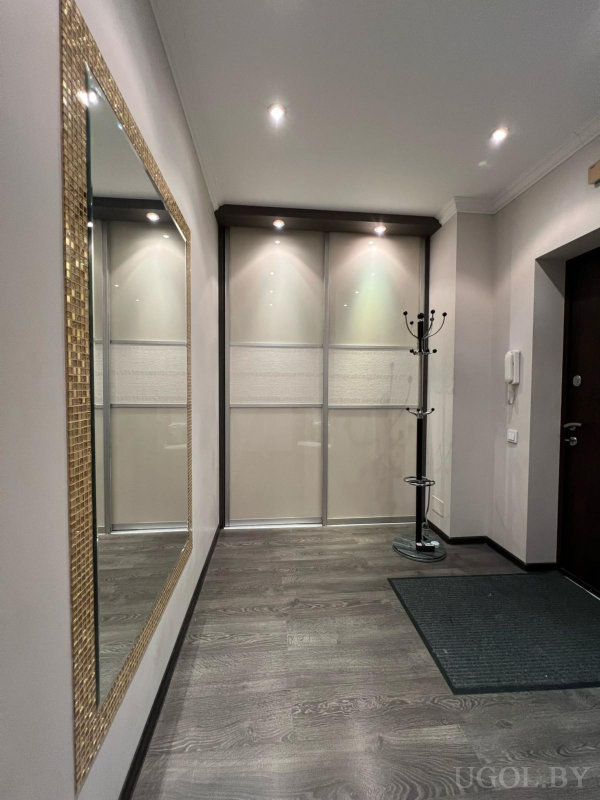 Зеркало в золотой раме, чёрная вешалка, шкаф с матовыми дверцами, входная дверь и тёмный коврик у порога.