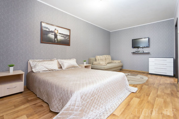 Кровать с бежевым стёганым покрывалом и подушками, тумбочки с растениями по бокам, над кроватью фото пары на пляже. Рядом диван, коврик и телевизор на стене, тёплый деревянный пол и светлый интерьер.