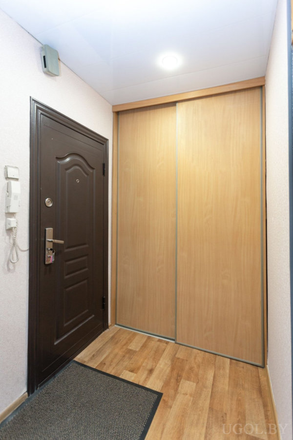 Входная дверь тёмного цвета с глазком и замком, рядом домофон и выключатель, пол с ламинатом и ковриком, напротив встроенный шкаф с раздвижными дверями светлого дерева.