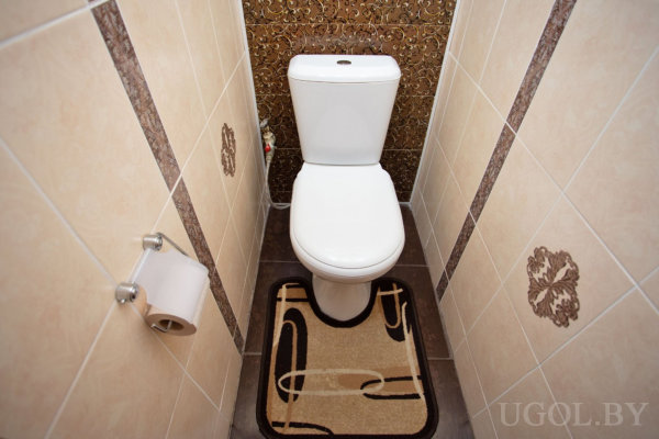 Белый унитаз по центру, стены с бежевой плиткой и коричневыми вертикальными узорами, на полу коврик в коричнево-бежевых тонах, задняя стена с орнаментальной плиткой.