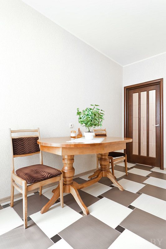 Небольшой стол с двумя креслами, декоративным растением и мягким ковриком. Светлый интерьер, дверь с вертикальными стеклами.