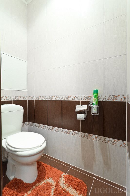 Компактный санузел с декоративным бордюром, ковриком и освежителем. Чистая плитка, удобное размещение.