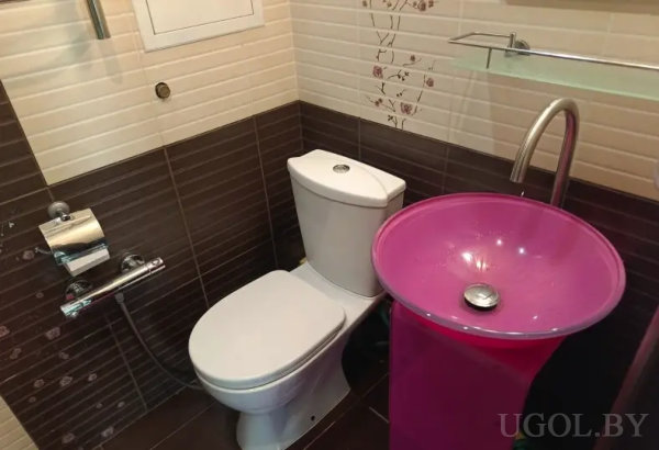 Компактная ванная с белым унитазом и ярко-розовой прозрачной раковиной-чашей на фоне плитки с цветочным декором.