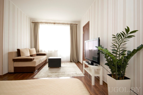 Бежево-коричневый диван, напротив телевизор на тумбе, небольшой столик на ковре, деревянный пол и полосатые обои, большое окно с тюлем и шторами, рядом зелёное растение в белом горшке.