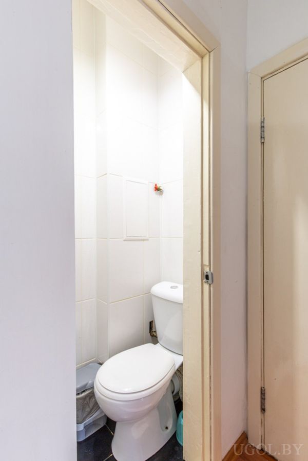 Компактный туалет с белым унитазом, мусорным ведром и красным декоративным элементом на стене.