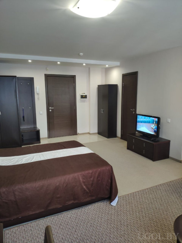 Кровать с коричневым покрывалом, телевизор на низкой тумбе, шкаф, высокий пенал и вешалка с полкой, три двери и комбинированный пол.