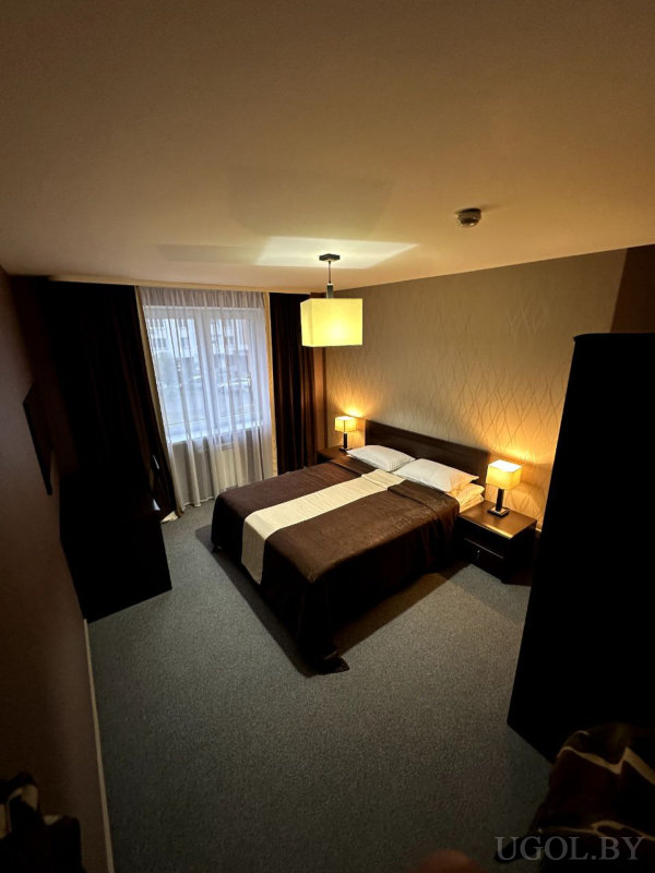 Кровать с коричневым текстилем, две тумбочки с лампами, большое окно с тюлем и плотными шторами, мягкий ковролин и потолочный светильник.