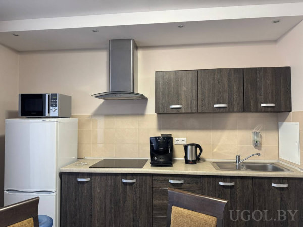 Белый холодильник с микроволновкой, варочная панель, вытяжка, кофемашина и чайник, тёмные шкафы и светлая плитка фартука.