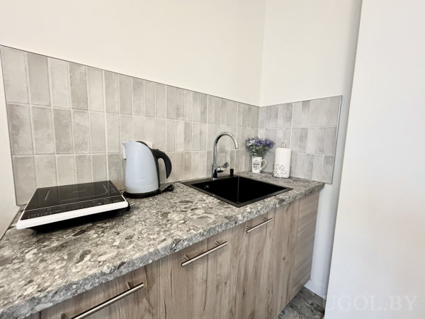 Серая каменная столешница, вертикальный светло‑серый фартук, индукционная плитка, мойка, чайник, фиолетовое растение и бумажные полотенца.