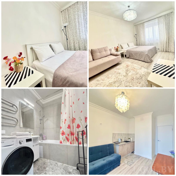 Спальня с цветами, общая зона с диваном и кроватью, ванная с маками и кухня со синим диваном и деревянной столешницей.