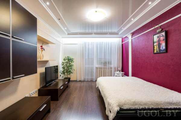 Интерьер с кроватью, тумбочкой, телевизором, полками с декором и растением у окна.