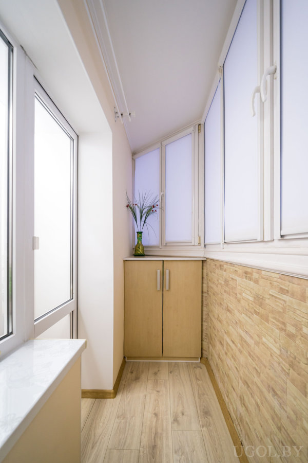 Застеклённая зона с шкафом, вазой с цветами, деревянной отделкой и светлым полом.