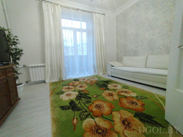 Комната с диваном, телевизором, растением, тюлем и зелёным ковром с крупным оранжевым узором.