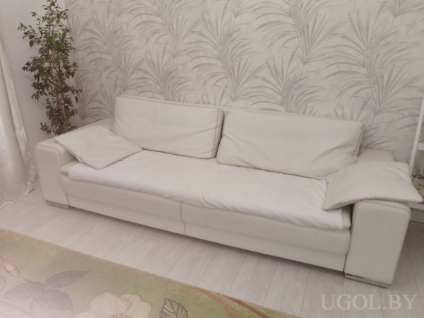 Комната с диваном, подушками, растением, светлым полом и фрагментом цветочного ковра.