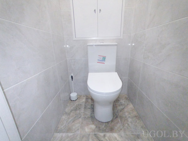 Комната с унитазом, ёршиком, шкафом, наклейкой на бачке и серой отделкой.