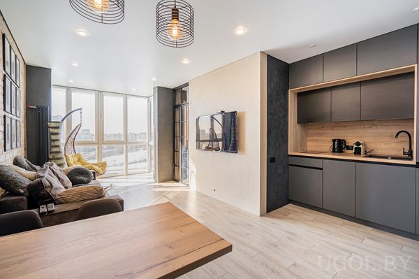 Открытая планировка с серой кухней, диваном, подвесным креслом, телевизором и окнами с панорамным видом.